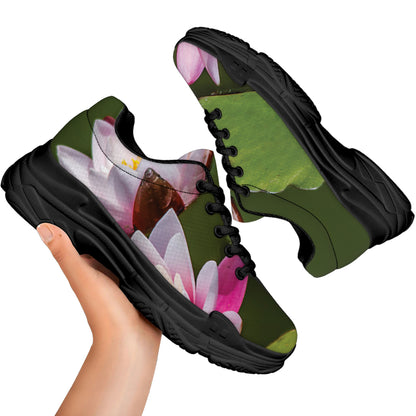 Pink Water Lilies Print Black Chunky Shoes
