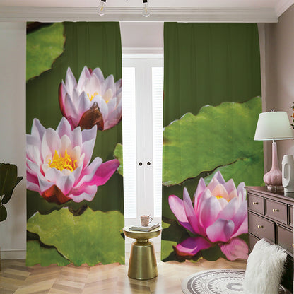 Pink Water Lilies Print Blackout Pencil Pleat Curtains