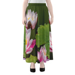 Pink Water Lilies Print Chiffon Maxi Skirt