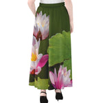 Pink Water Lilies Print Chiffon Maxi Skirt