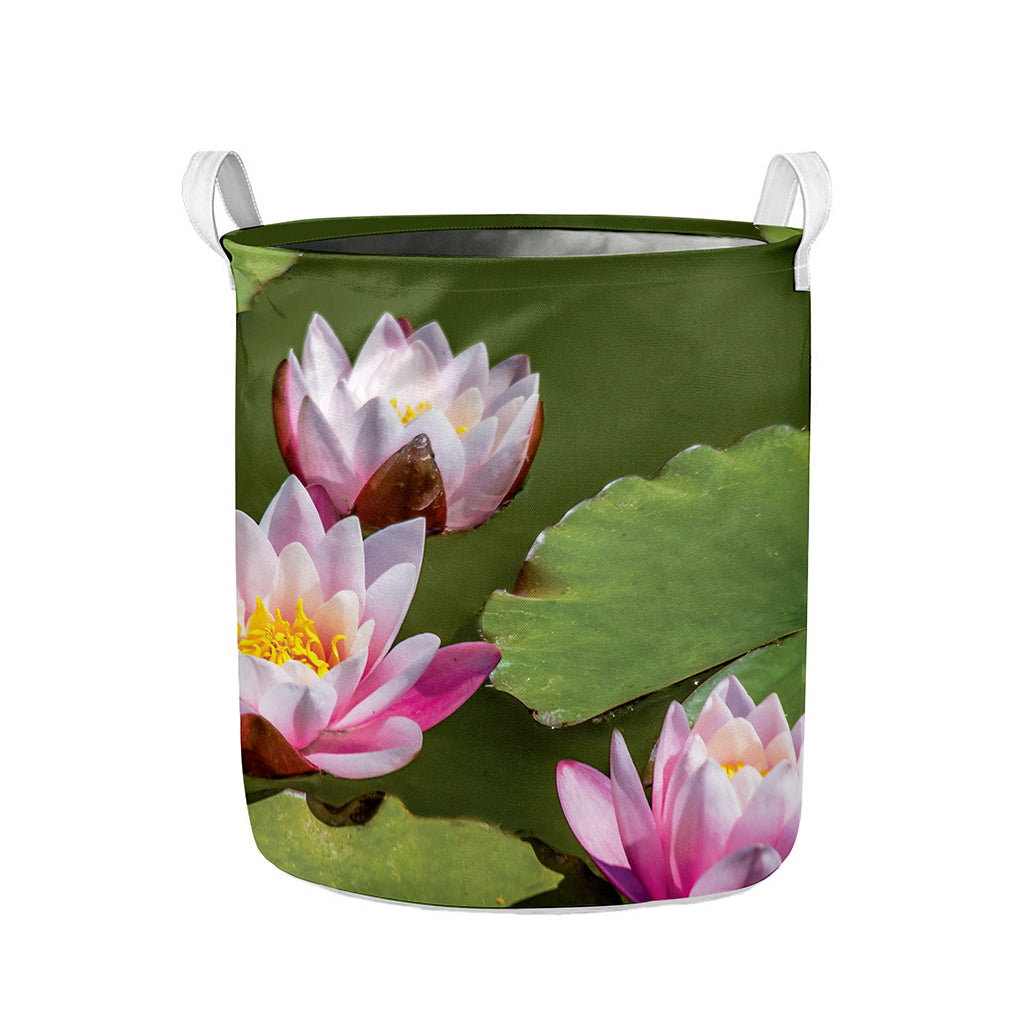Pink Water Lilies Print Collapsible Laundry Basket