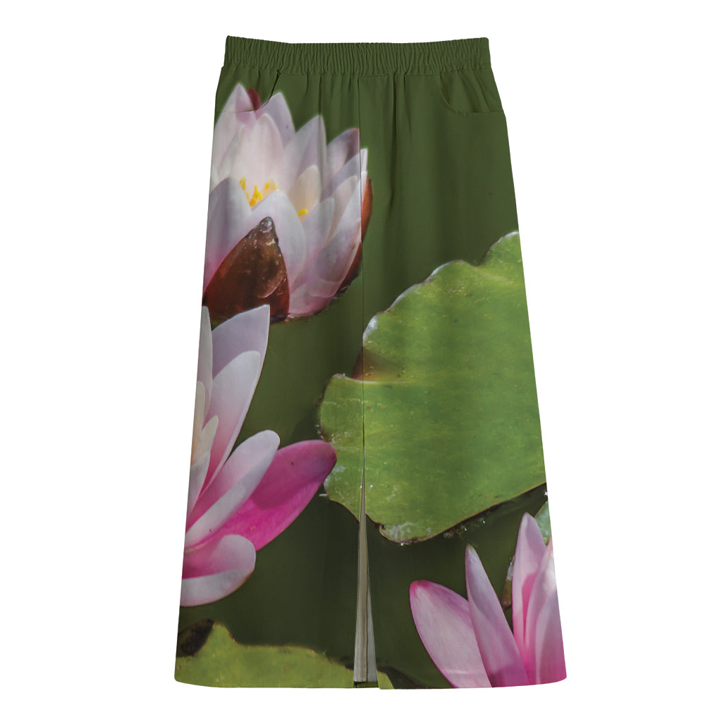 Pink Water Lilies Print Cotton Front Slit Maxi Skirt