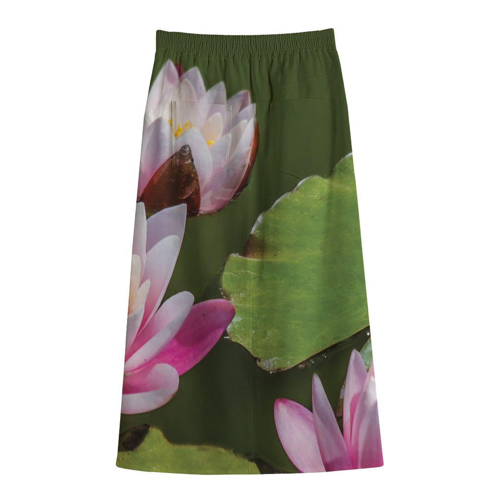 Pink Water Lilies Print Cotton Front Slit Maxi Skirt