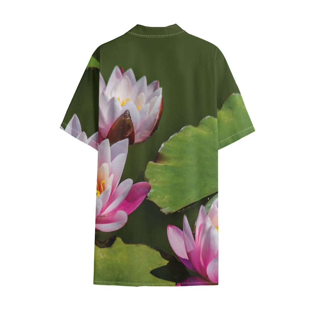 Pink Water Lilies Print Cotton Hawaiian Shirt