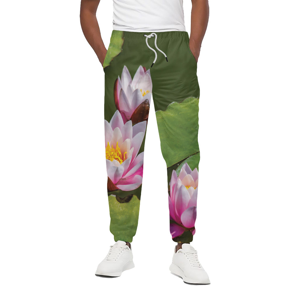 Pink Water Lilies Print Cotton Pants