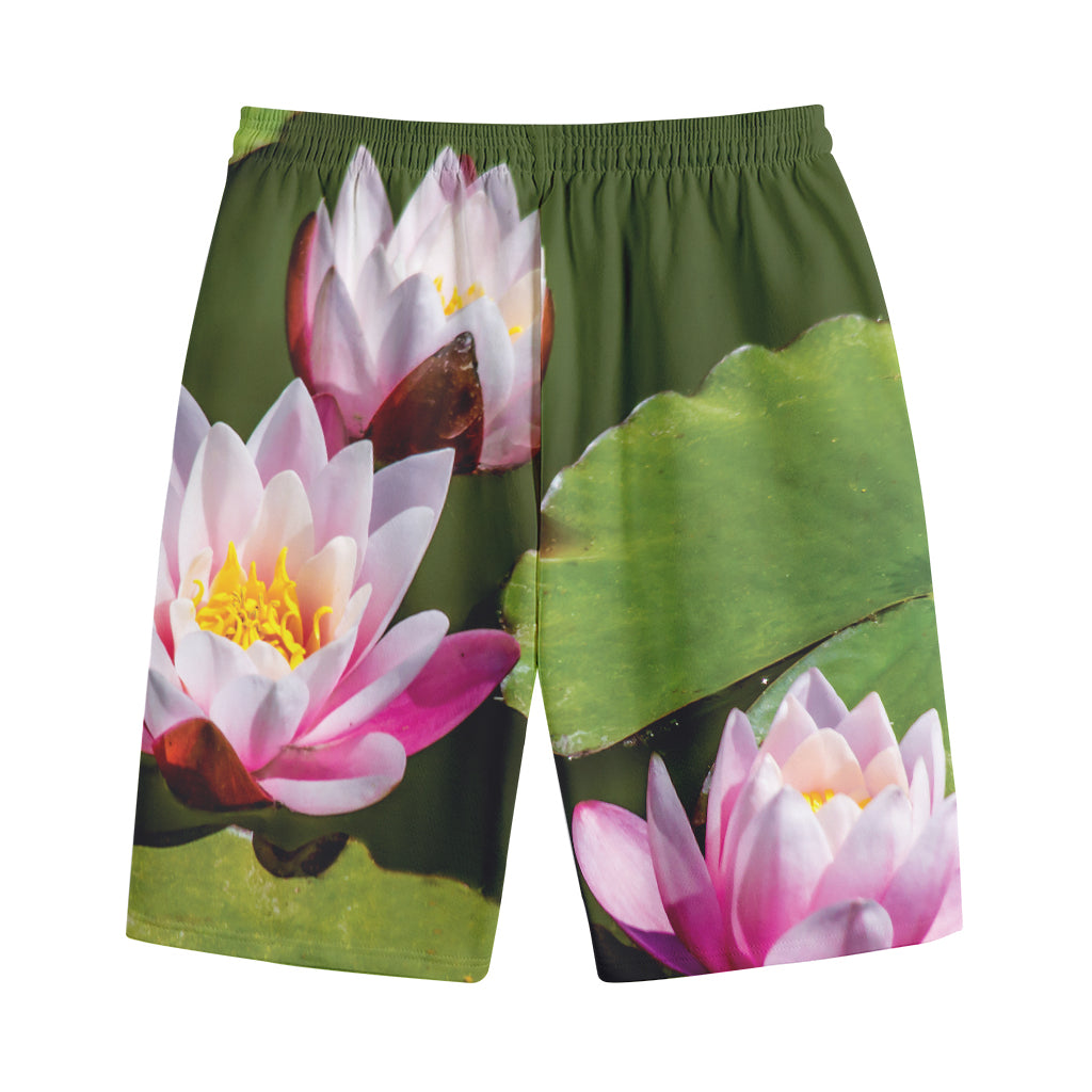 Pink Water Lilies Print Cotton Shorts