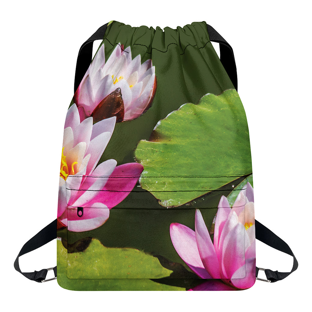 Pink Water Lilies Print Drawstring Backpack