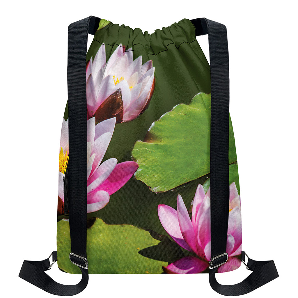 Pink Water Lilies Print Drawstring Backpack