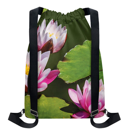 Pink Water Lilies Print Drawstring Backpack