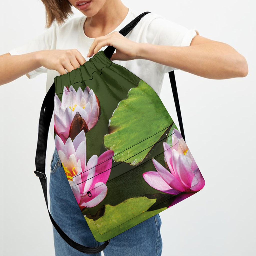 Pink Water Lilies Print Drawstring Backpack