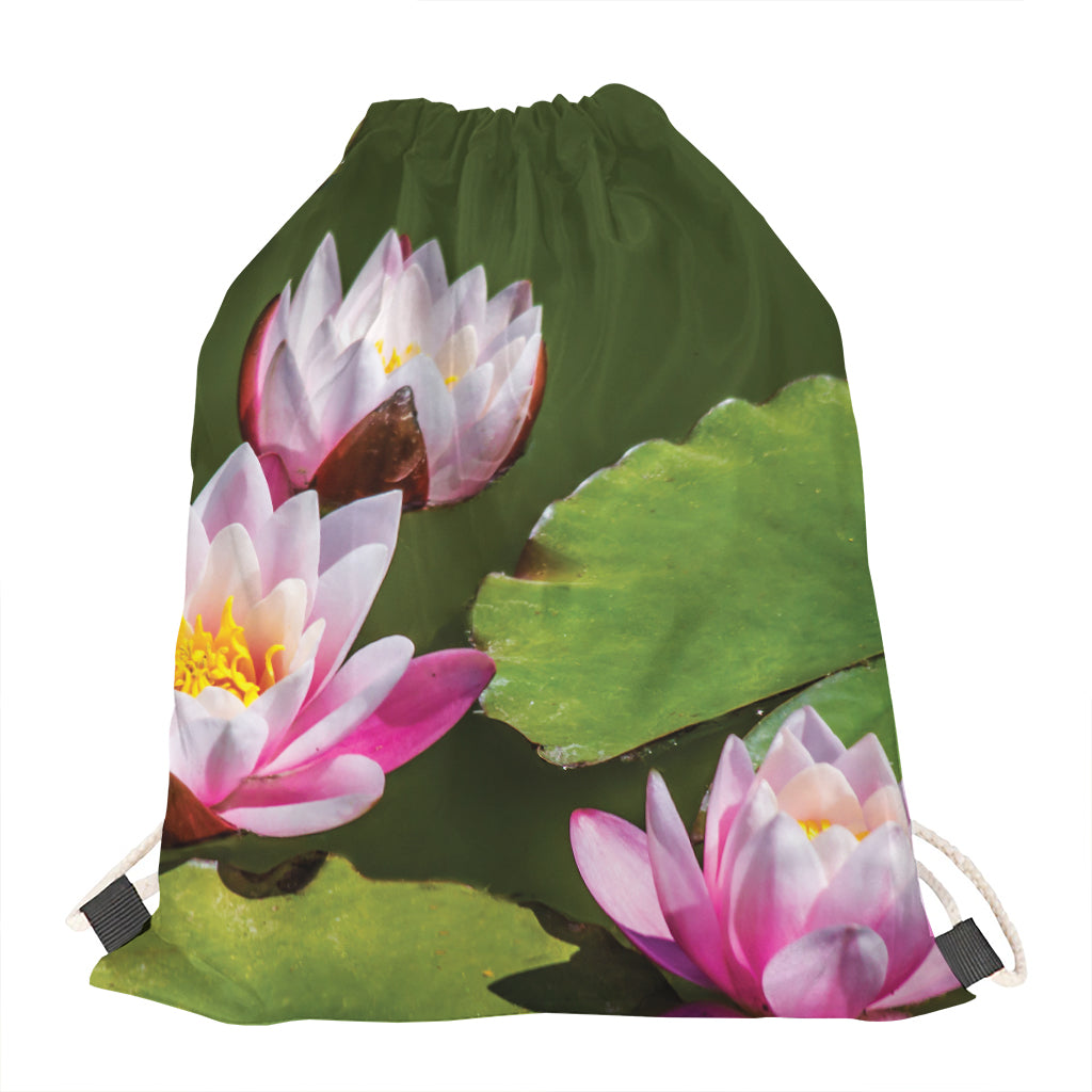 Pink Water Lilies Print Drawstring Bag