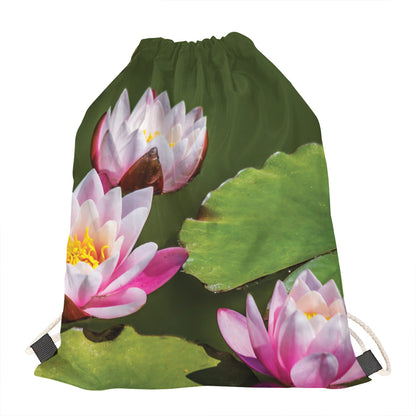 Pink Water Lilies Print Drawstring Bag