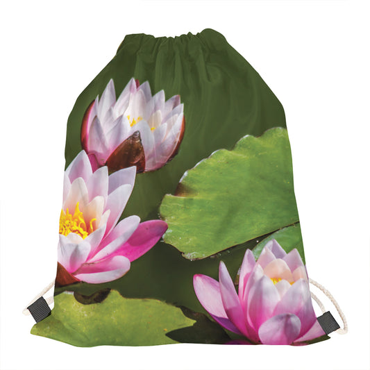 Pink Water Lilies Print Drawstring Bag