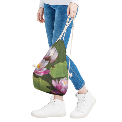 Pink Water Lilies Print Drawstring Bag