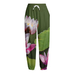 Pink Water Lilies Print Fleece Lined Knit Pants