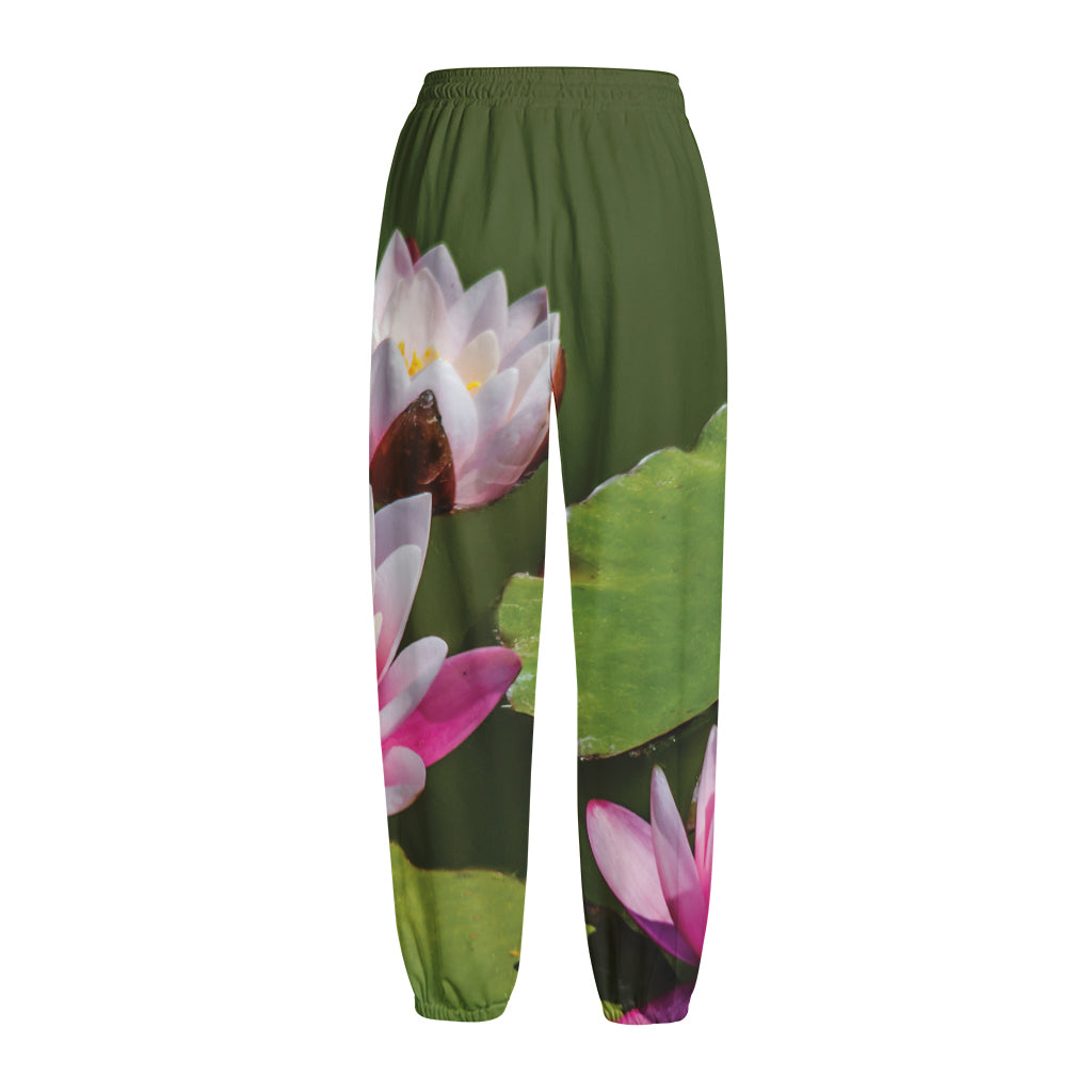 Pink Water Lilies Print Fleece Lined Knit Pants