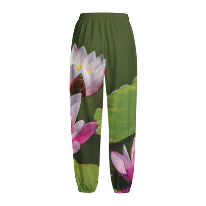 Pink Water Lilies Print Fleece Lined Knit Pants