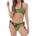 Pink Water Lilies Print Halter Scoop Tie Side Bikini