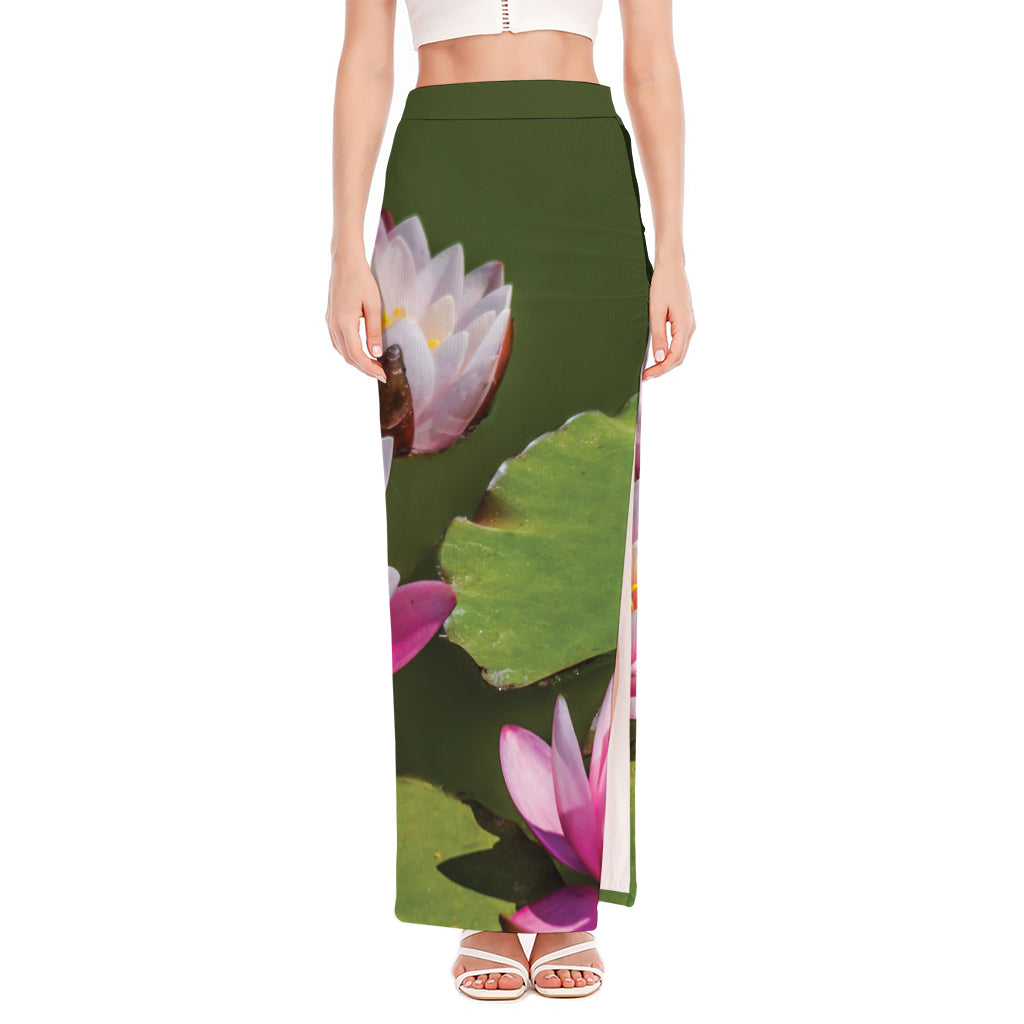Pink Water Lilies Print High Slit Maxi Skirt