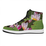 Pink Water Lilies Print High Top Leather Sneakers