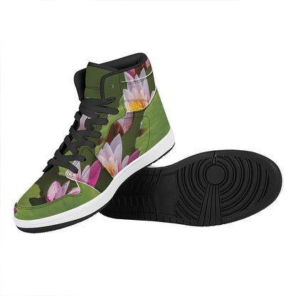 Pink Water Lilies Print High Top Leather Sneakers