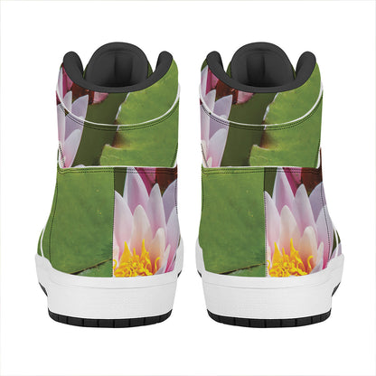 Pink Water Lilies Print High Top Leather Sneakers