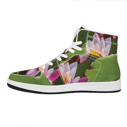 Pink Water Lilies Print High Top Leather Sneakers