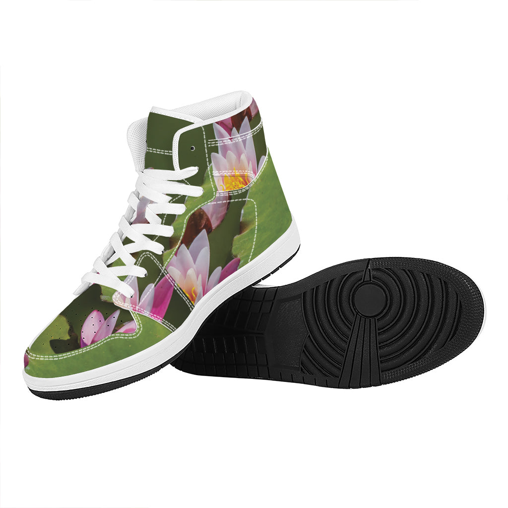 Pink Water Lilies Print High Top Leather Sneakers