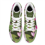 Pink Water Lilies Print High Top Leather Sneakers