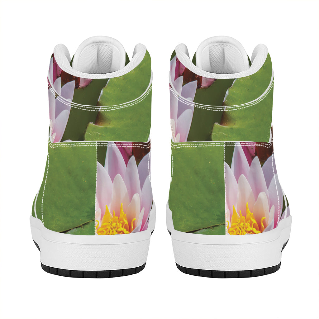 Pink Water Lilies Print High Top Leather Sneakers