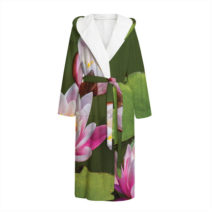 Pink Water Lilies Print Hooded Bathrobe