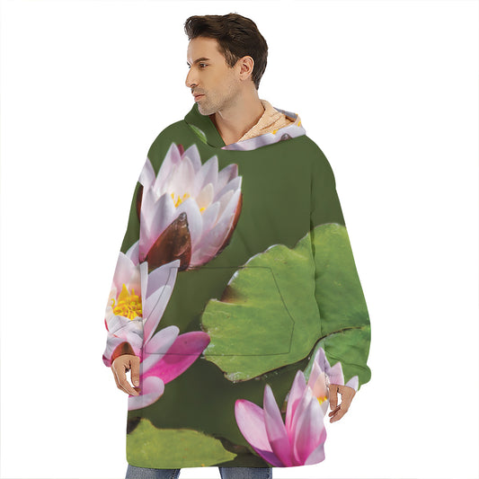 Pink Water Lilies Print Hoodie Blanket