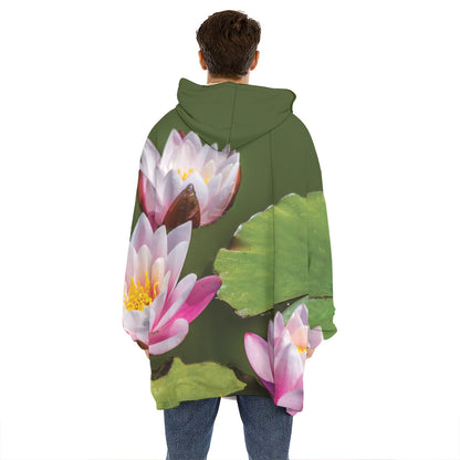 Pink Water Lilies Print Hoodie Blanket