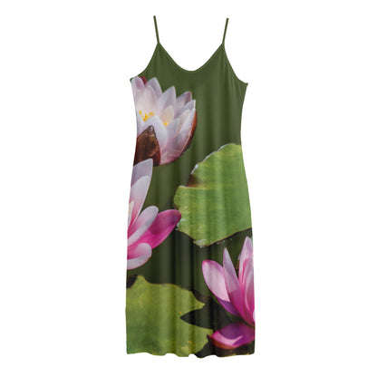 Pink Water Lilies Print Jersey Midi Cami Dress