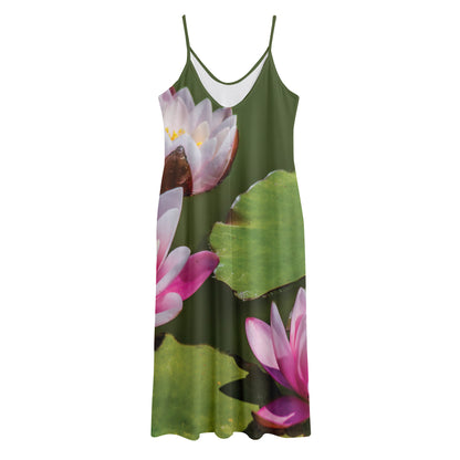 Pink Water Lilies Print Jersey Midi Cami Dress