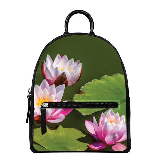 Pink Water Lilies Print Leather Backpack