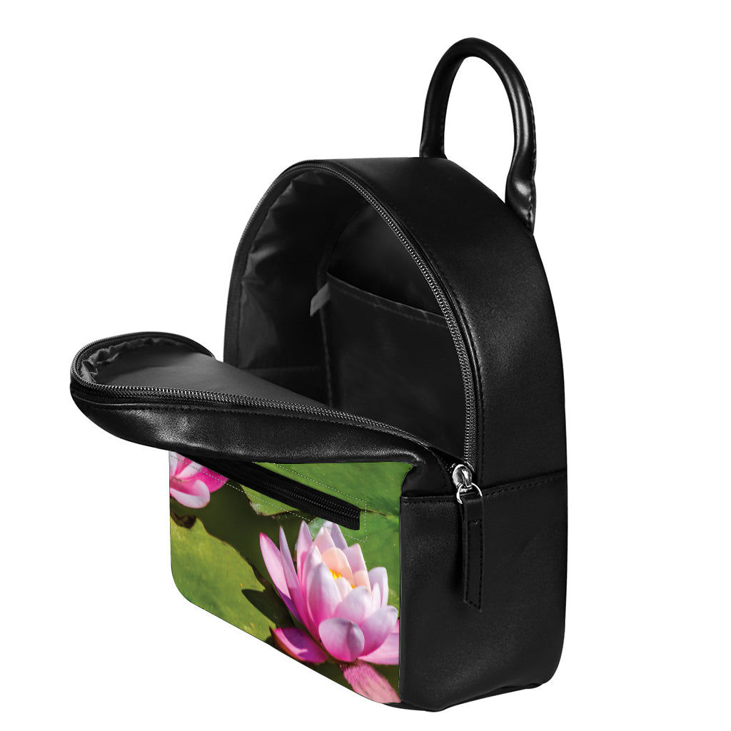 Pink Water Lilies Print Leather Backpack
