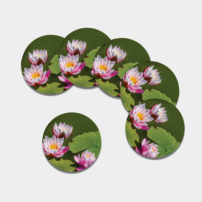 Pink Water Lilies Print Leather Coaster Set