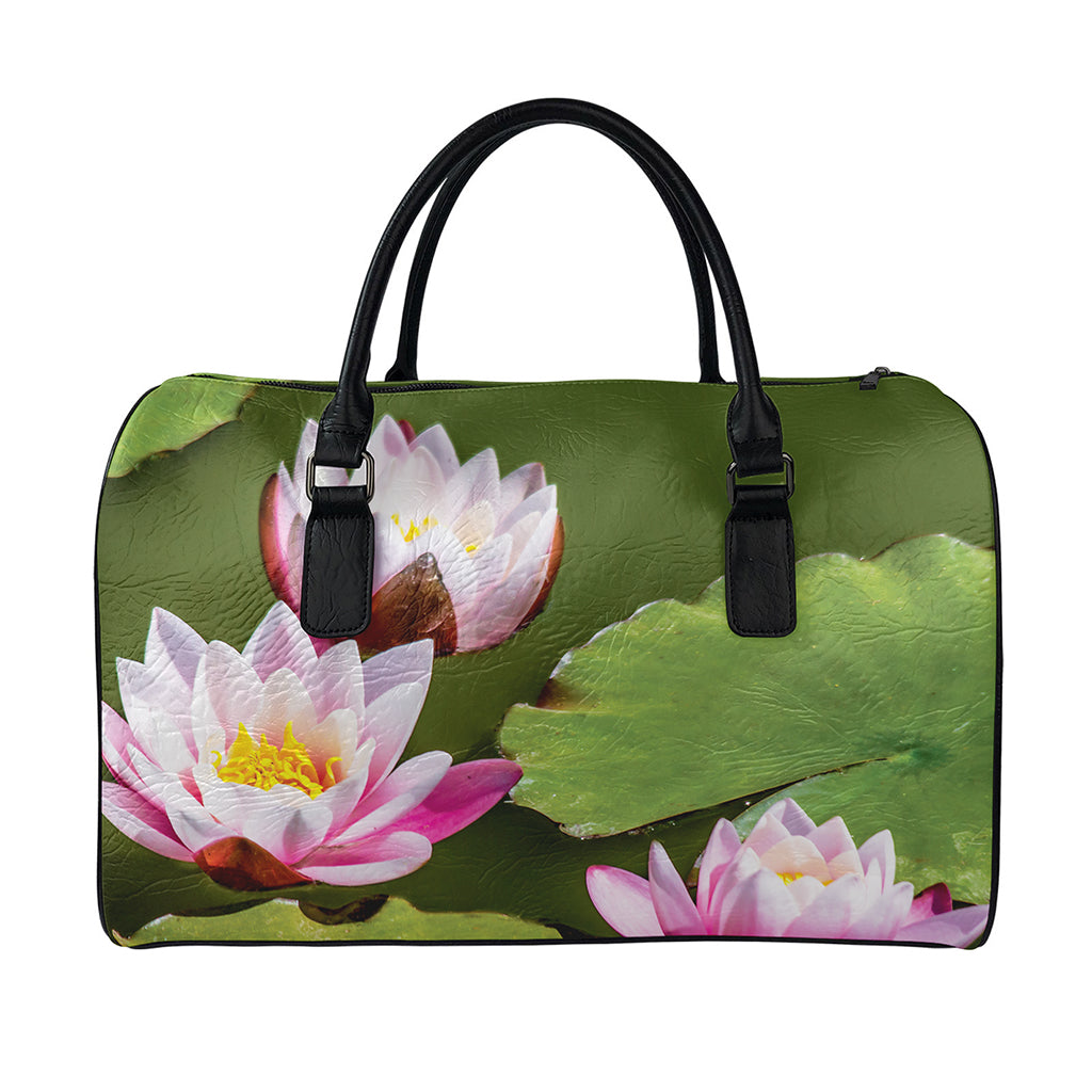 Pink Water Lilies Print Leather Duffle Bag