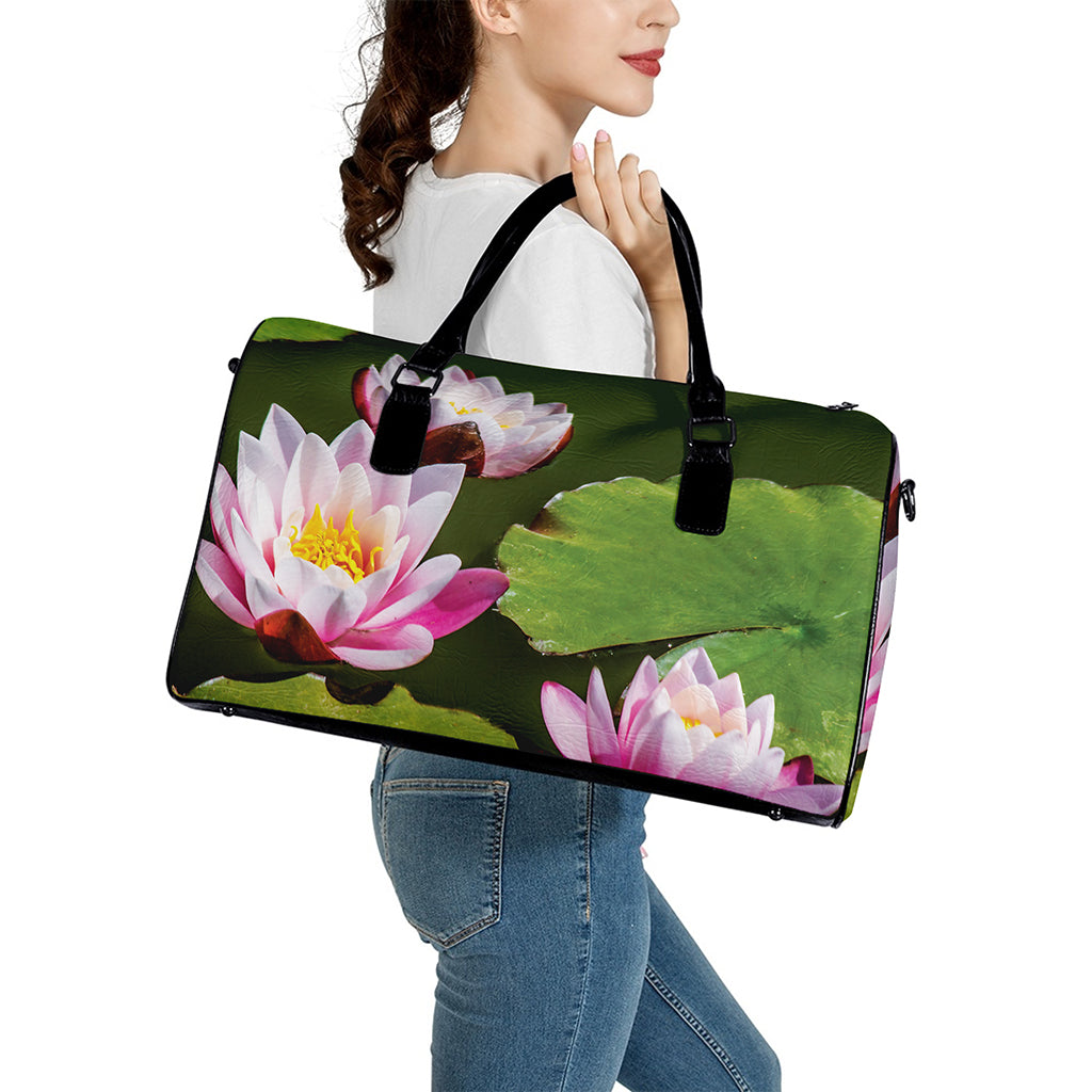 Pink Water Lilies Print Leather Duffle Bag