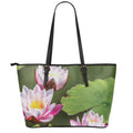 Pink Water Lilies Print Leather Tote Bag With Zipper