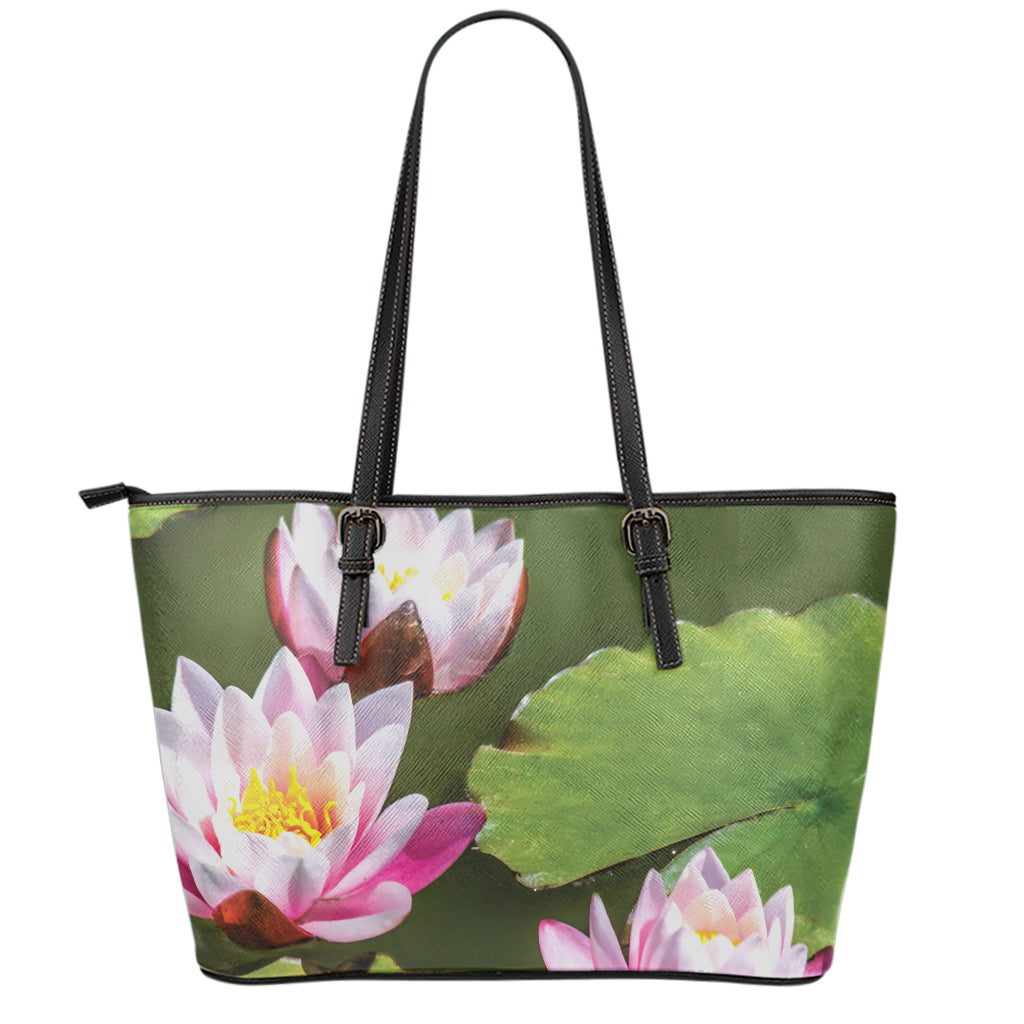 Pink Water Lilies Print Leather Tote Bag