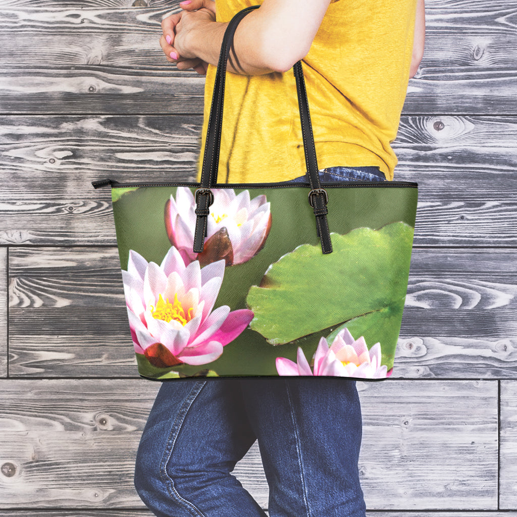 Pink Water Lilies Print Leather Tote Bag