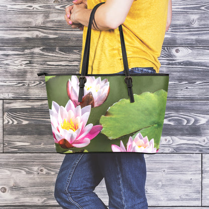 Pink Water Lilies Print Leather Tote Bag