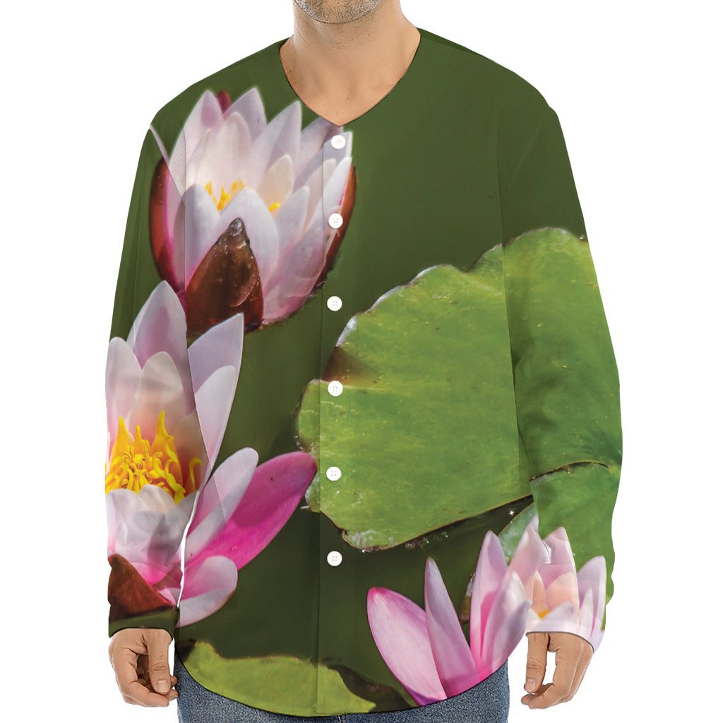 Pink Water Lilies Print Long Sleeve Baseball Jersey