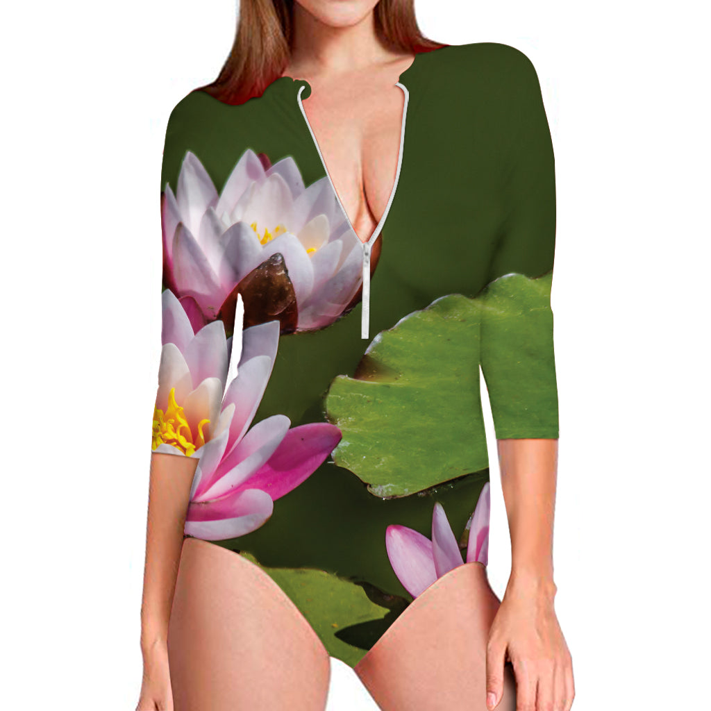 Pink Water Lilies Print Long Sleeve Swimsuit