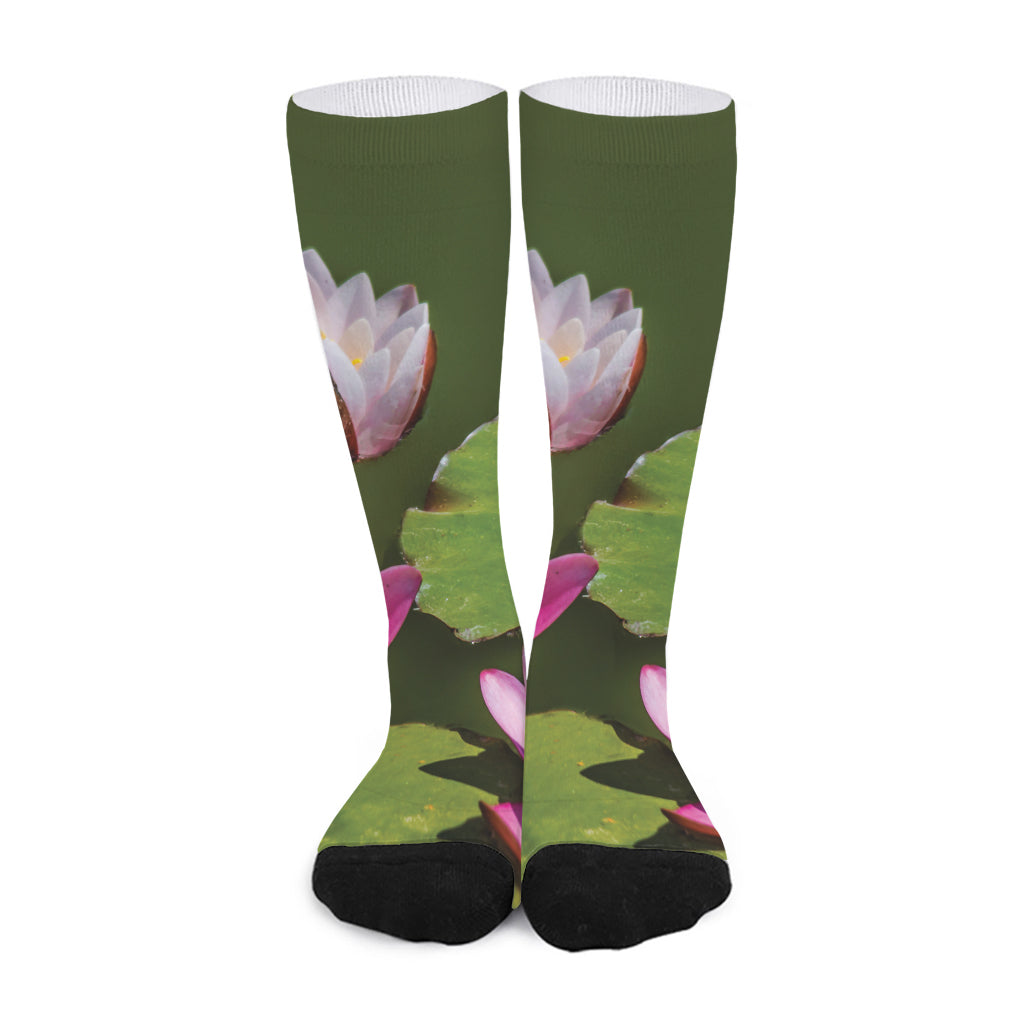 Pink Water Lilies Print Long Socks