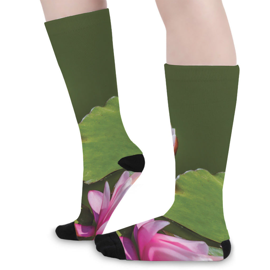 Pink Water Lilies Print Long Socks