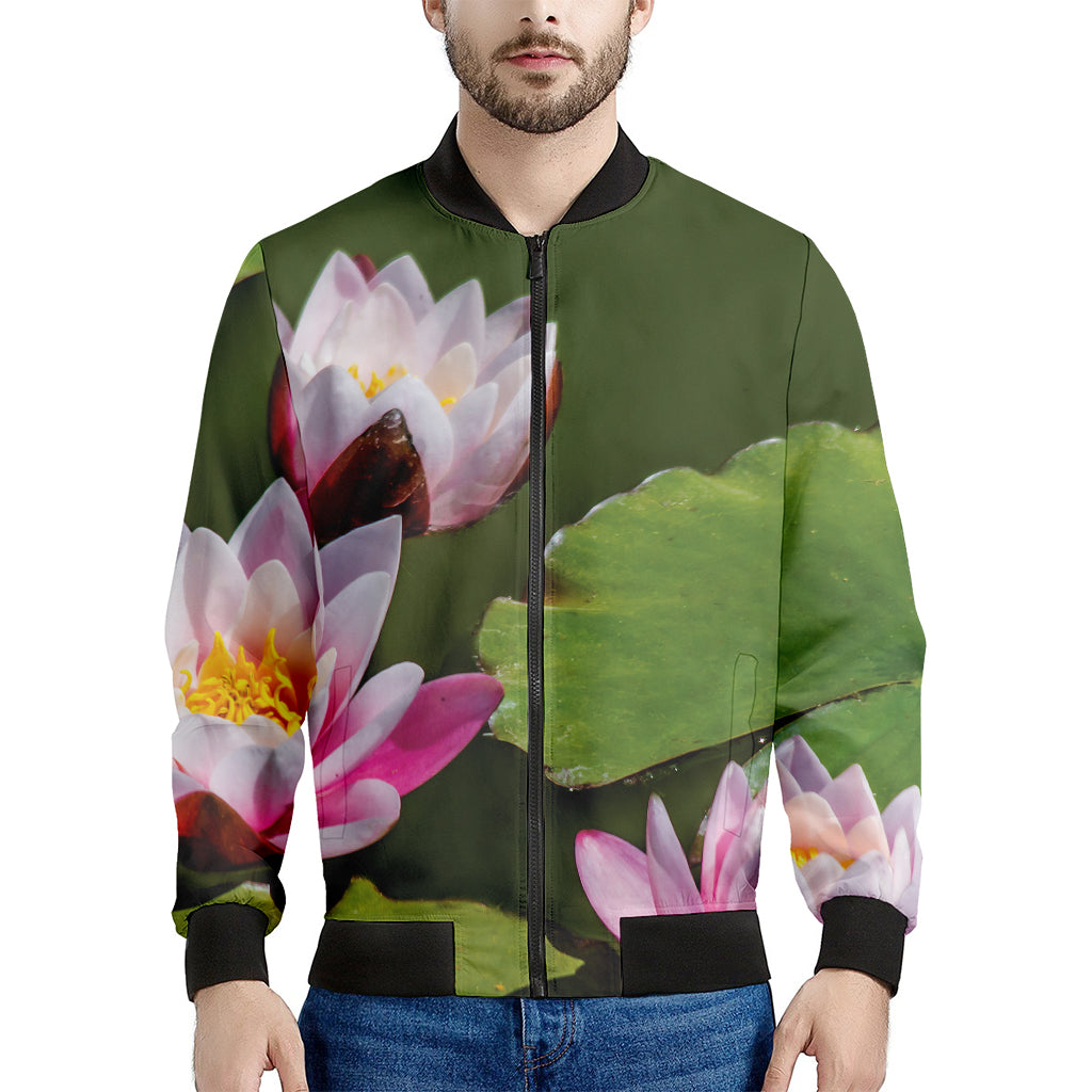 Pink Water Lilies Print Men's Bomber Jacket