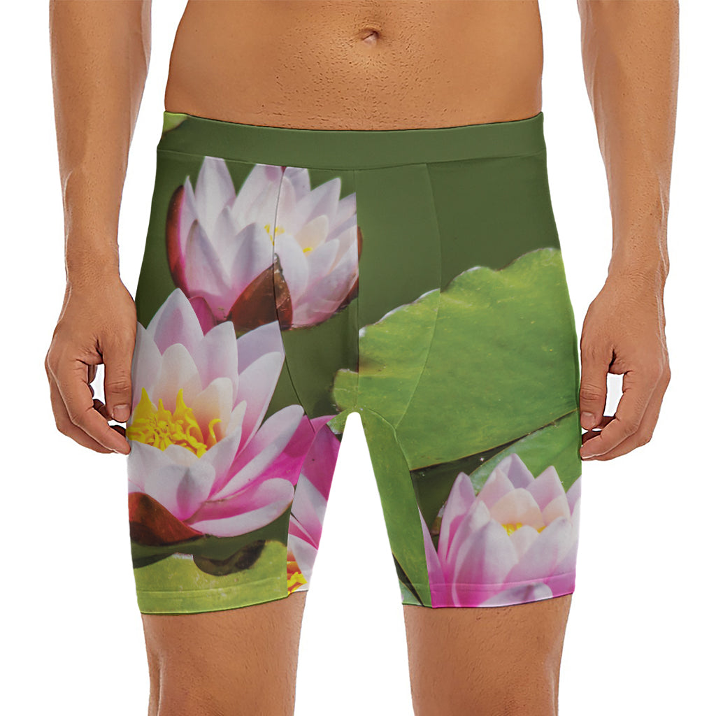Pink Water Lilies Print Men's Long Boxer Briefs